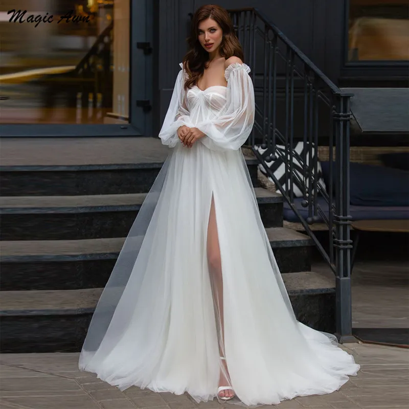 

Magic Awn Graceful Wedding Dresses 2021 With Detachable Full Puff-Sleeves Boho Princess Beach A-Line Bridal Gowns Robe Mariee