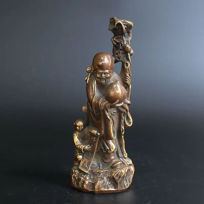 

Collection Antique Chinese Bronze Longevity God Shou Star Holding Shou Peach Child Boy Standing Statue Bring Safe And Blessing