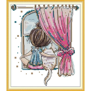 

Everlasting Love Little Girl and Fat Cat Ecological Cotton Cross Stitch Kits Counted Stamped 14CT Holiday Gift Send Off Family
