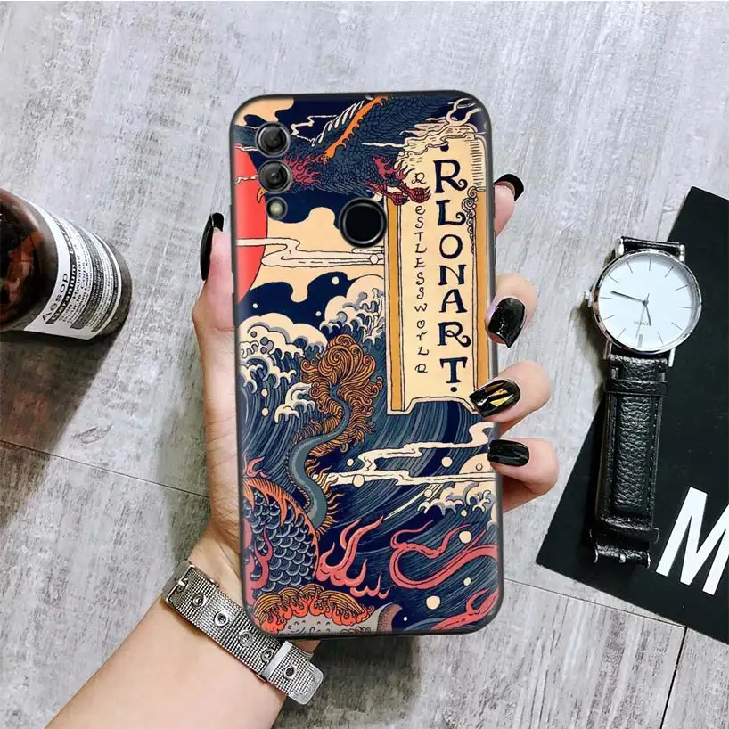 Wave Art Japanese Green Illust Black Cover Phone Case for Huawei Y9 Y5 Y6 Y7 2019 5