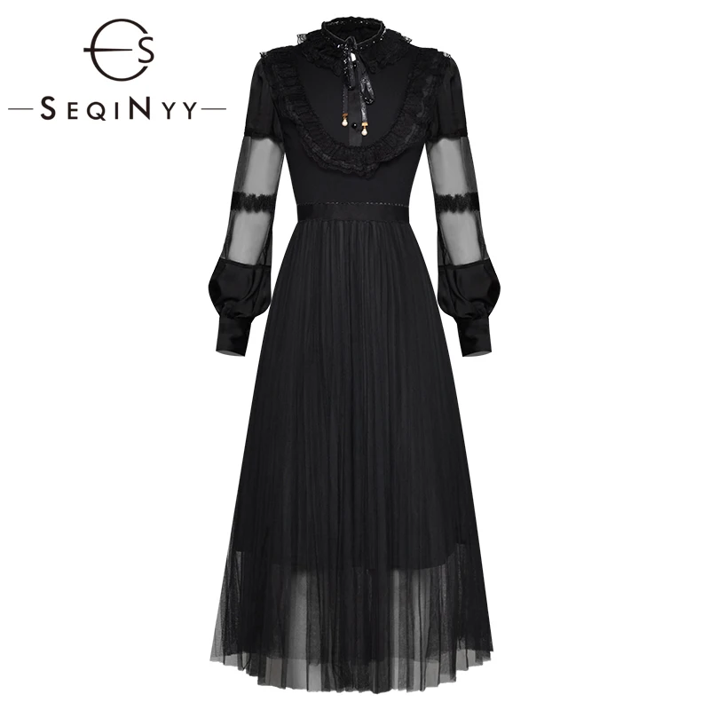 

SEQINYY Black Dress 2020 Summer Spring New Fashion Design Women Long Lantern Sleeve Mesh Translucent Bow Lace Ruffle Midi Dress