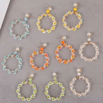 

Fashion Round Crystal Beaded Handmade Drop Earrings For Women Girls Korean Style Trendy Small Flower Dangle Earring Jewelry Gift