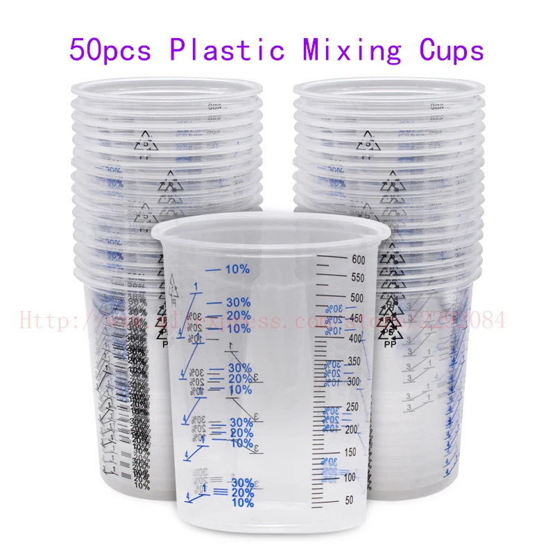 600ml Spray Gun Disposable Measuring Cups 50pcs Clear Graduated Plastic Paint 50 Mixing Cups & 5 Mixing Sticks for Paint 2