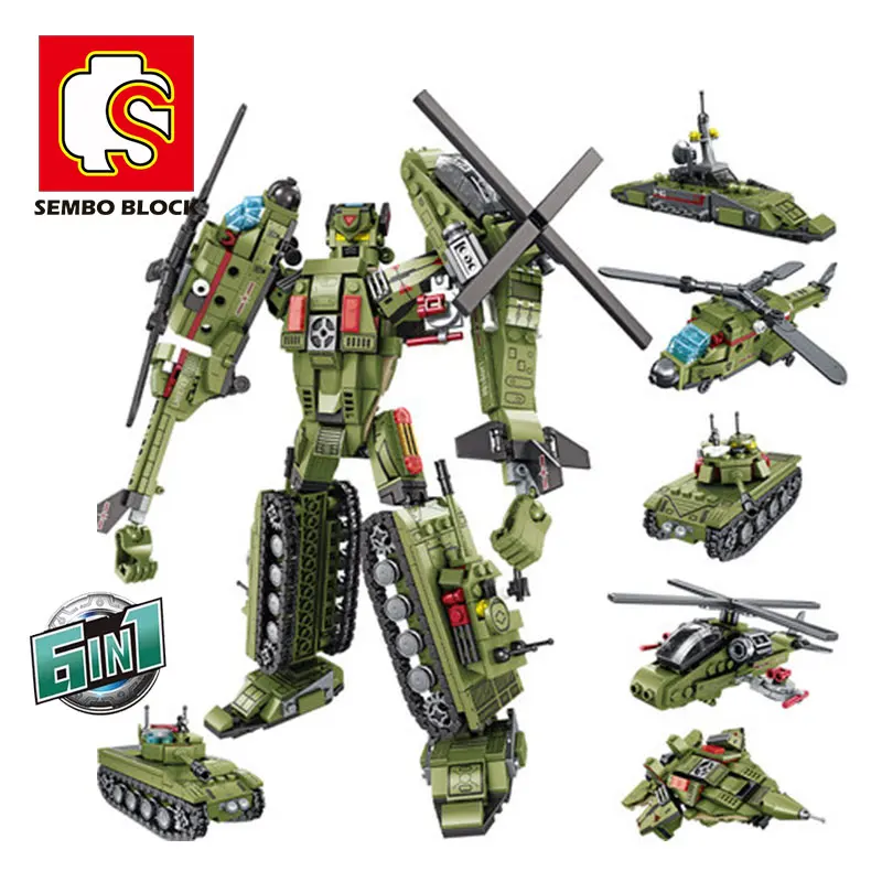 

SEMBO Military 6 in 1 Deformation Robot Building Block City Technic Helicopter Aircraft Fighter Tank Submarine Kds Toy Bricks