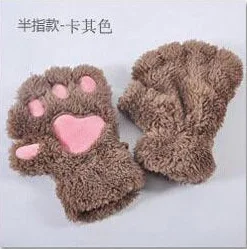 1 Pair Women Girls Fluffy Glove Bear Cat Plush Paw Claw Half Finger Gloves Mitten Winter Warm Fingerless Gloves - Color: 2