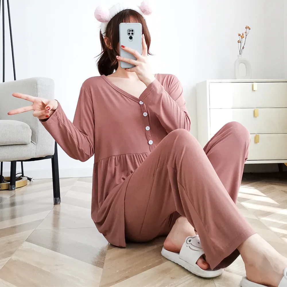 Fdfklak 2024 Maternity Clothes Suit V-Neck Maternity Pajama Long Sleeve Nursing Sleepwear Spring Autumn Breastfeeding Set