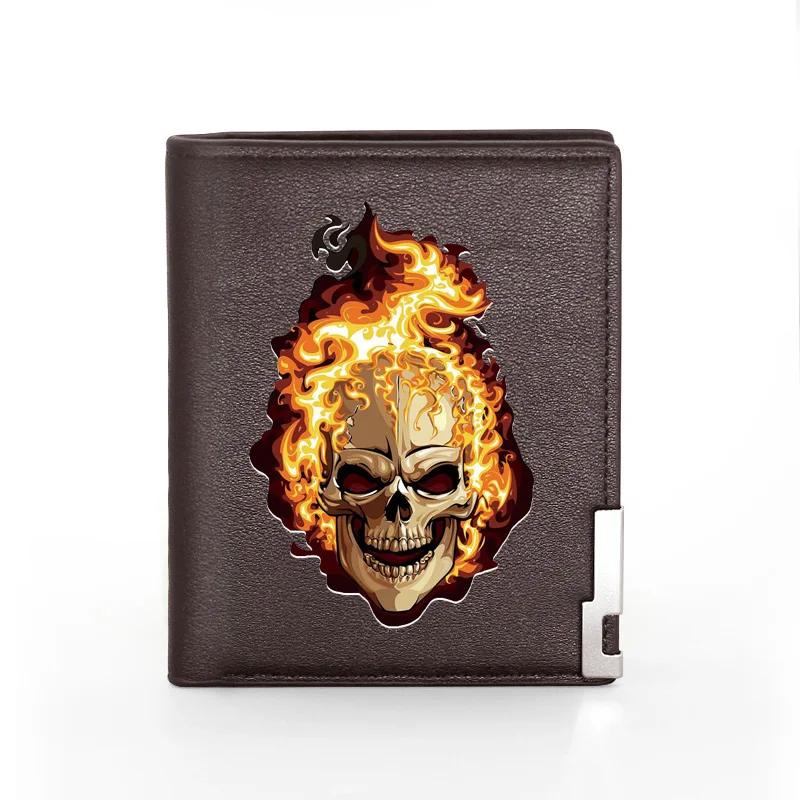 High Quality Fire Skull Cover Men Women Leather Wallet Billfold Slim Credit Card/ID Holders Inserts Male Short Purses