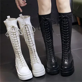 

2021 New Spring Boots Women Knee High Long Boots Split Leather Fashion Lace-Up Boots Non-slip Black Sock Boots Shoes Woman