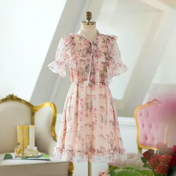 

Short Sleeve Floral Print Bow Sweet Ruffle Dresses Chiffon Women Casual Lace Up Elegant Mini Buttons Fairy Maiden Summer Dress