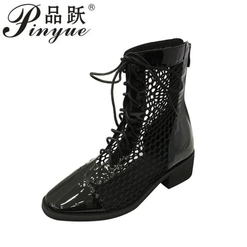 

2019 Summer Boots Square Heel Chunky Boots Breathable Mesh Square Toe Zip Short Ankle Pumps Boots Shoes Summer Sandals