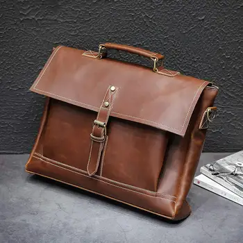

Vintage Business Men Bag Crazy Horse PU Leather File Briefcase Men Messenger Bags Fashion Shoulder Crossbody Bags Laptop Handbag