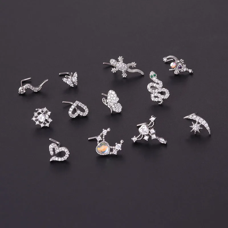 Nose Rings Piercing Jewelry Nose Studs Body Piercing Jewelry Body Jewelry 1Pcs S L Shaped Nose Studs Piercing Stainless Steel 20G Snake Zircon Nostril Screw Indian Nose Ring Piercing