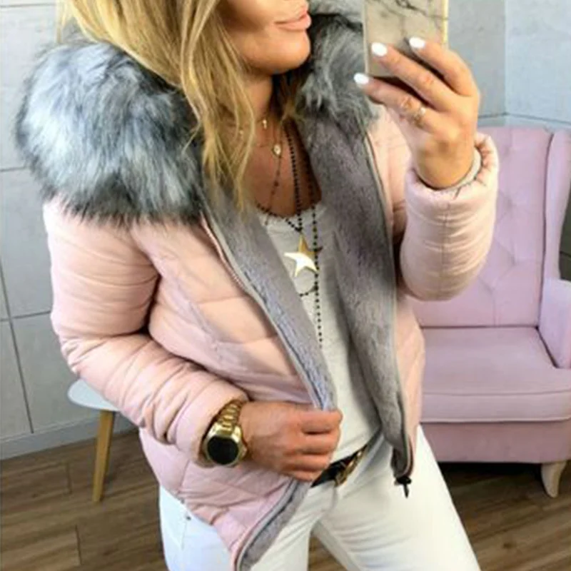 Winter Jacket Women Faux Fur Collar Coat Parka Lady Warm Hairy Soft Hood Fur Decor Jackets Female Abrigos Mujer Invierno - Цвет: Розовый