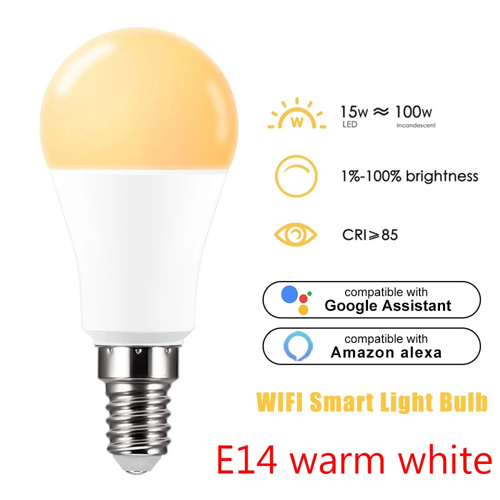 E14 Warm White E27/B22/E14 WiFi умный светодиодный лампочка работает Google Assistant Голосовое управление приложение лампа с пультом ДУ 2700 Кельвин теплый белый/белый - Испускаемый цвет: E14 Warm White