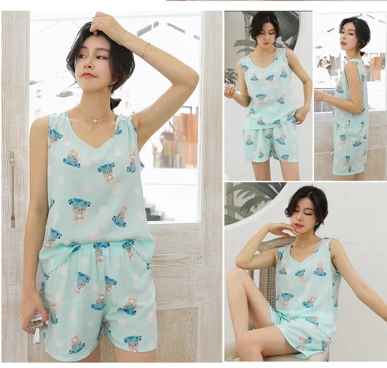 Пижамы женские весна лето женские искусственный хлопок шелк набор из жилета и шорт Bourette пижамы для отдыха