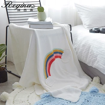 

REGINA Brand Ins Style Comfort Kid Blanket Cute Rainbow Cloud Design Knitted Child Throw Blanket Breathable Pure Cotton Throws