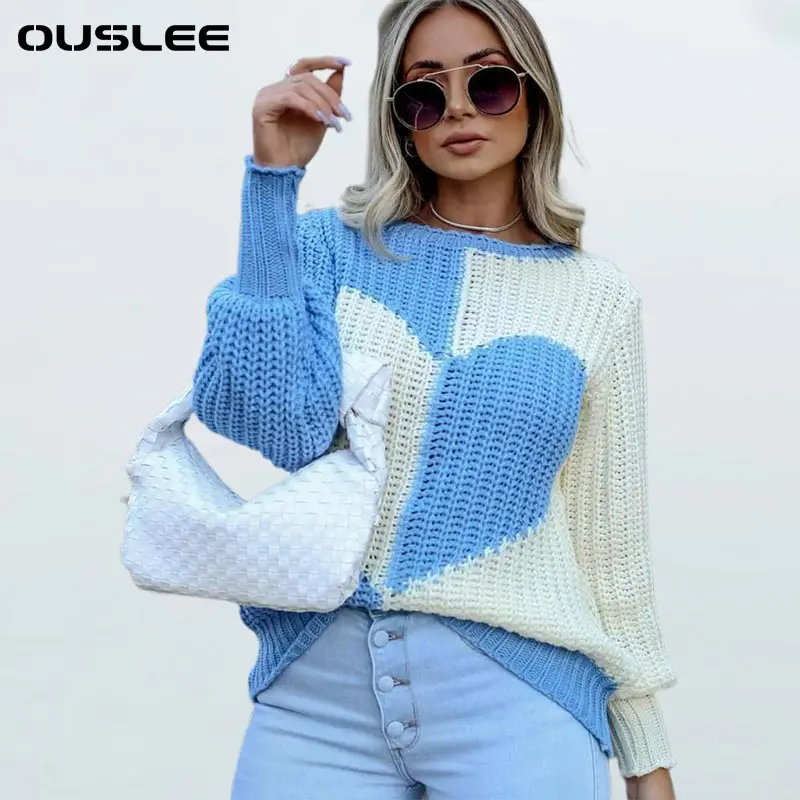 

OUSLEE-Women's Elegant O-Neck Love Print Patchwork Knitted Sweater, Long Sleeve, Casual Loose Sweater, Autumn, Winter Fashion