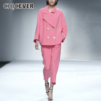 

CHICEVER Elegant Pink Two Piece Set For Women Notched Long Sleeve High Waist Pants Female Suit 2020 Fashion Autumn New Clothes