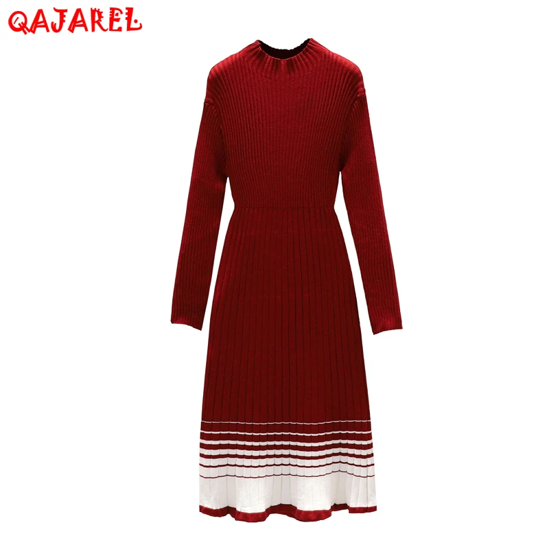 

2023 Red Knitted Cotton Thick Warm Top Sweaters Autumn Winter Korean Vintage Casual Midi Dress Women New Elegant Bodycon Sweater