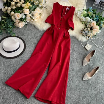 

2019 Summer New Women's Jumpsuits Single Breasted Sleeveless Ladies Slim Rompers Wide-leg Fashion Jumpsuits