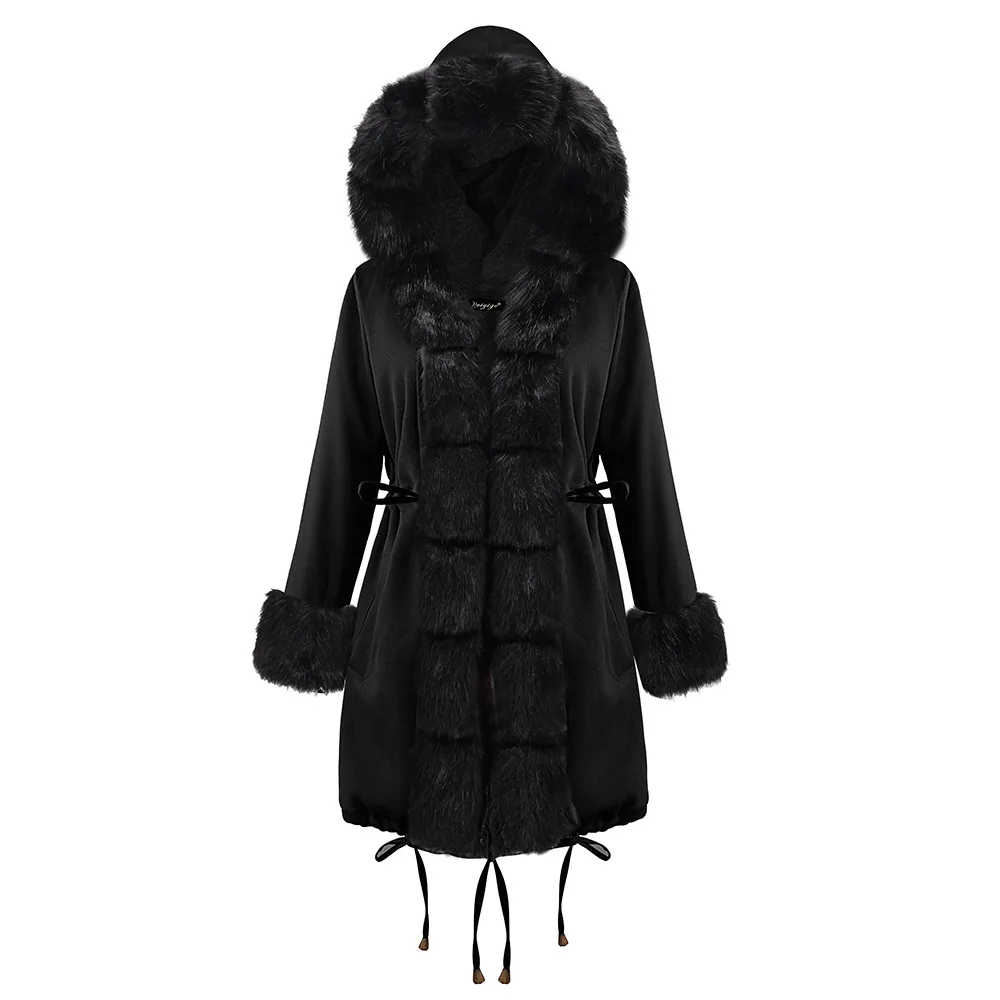 Зимнее теплое длинное пальто с капюшоном Женская парка из флока парки с воротником из искусственного меха женская одежда модный простой пиджак пальто женские пальто - Цвет: -19D005Black