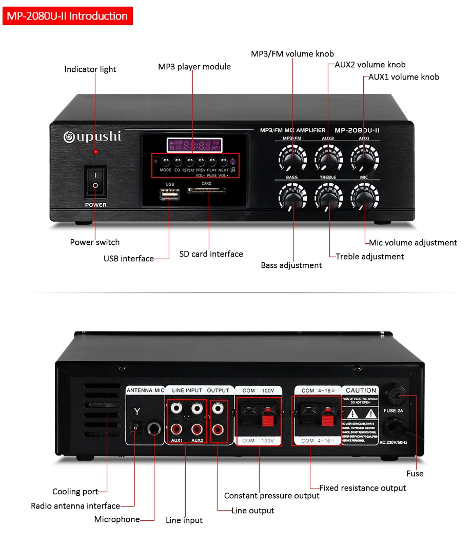 Oupushi MP-2050U-II система общественного адреса Профессиональный Усилитель постоянного давления контроль мобильного телефона USB карта воспроизведения музыки