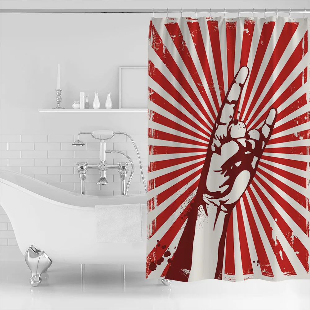 Gesture Arm Red Hand Striped Finger Gesture Rock Retro Devil Caucasian Cultural Symbol Shower Curtain Bathroom Decor
