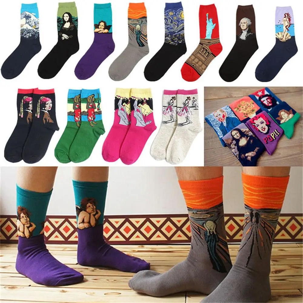 

1 Pair Funny Fashion Cotton Spring Socks Men Funny Art BritishStyle Streetwear Hip Hop Characters Designer Crew Sock