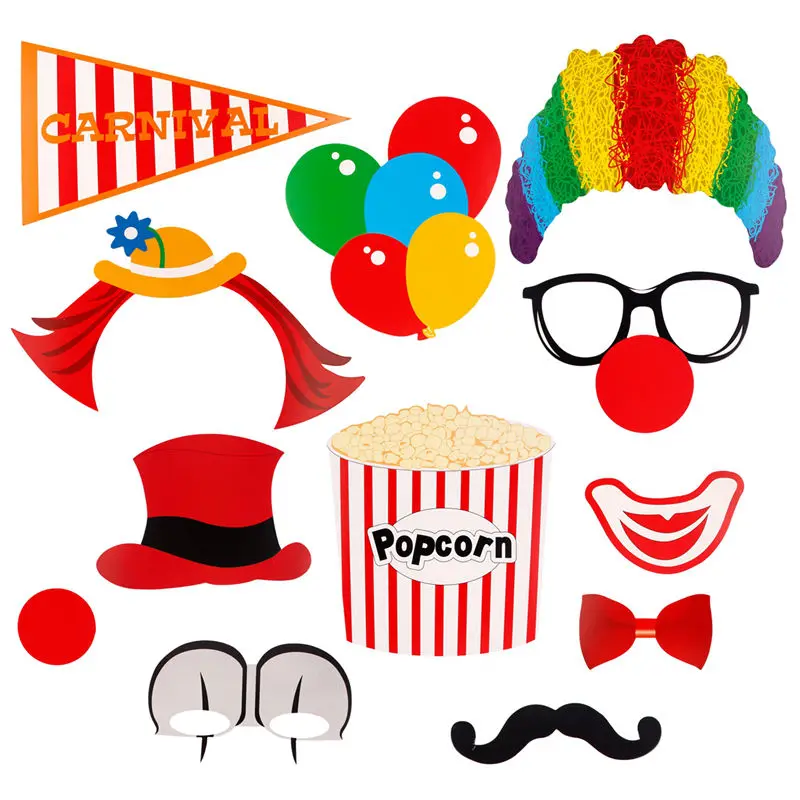 12pcs clown props QIFU 12 шт. Цирк Клоун день рождения фото стенд реквизит DIY Забавный цирк Джокер фотобудка реквизит на палочке День Рождения Вечеринка Свадьба Декор - Цвет: 12pcs clown props