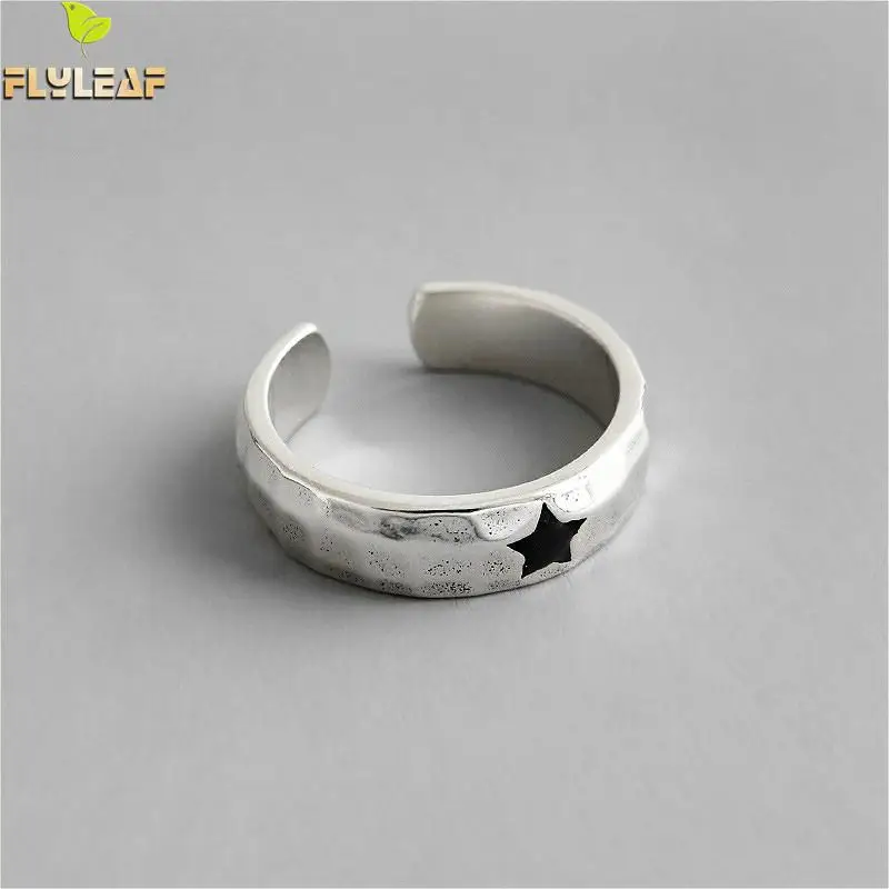 Flyleaf, Ретро стиль, 925 пробы, серебро, неровный узор, черная пятиконечная звезда, Открытое кольцо для женщин, ручная работа, для девушек, хорошее ювелирное изделие