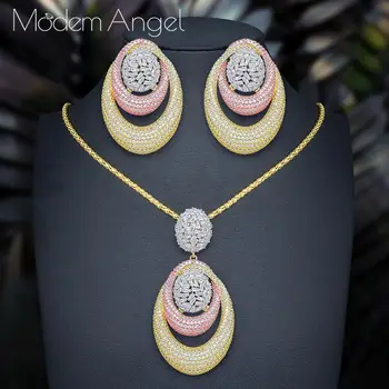 

MoonTree Circle Geometry Fashion Luxury Super AAA Cubic Zirconia Women Engagement Necklace Earring Jewelry Set