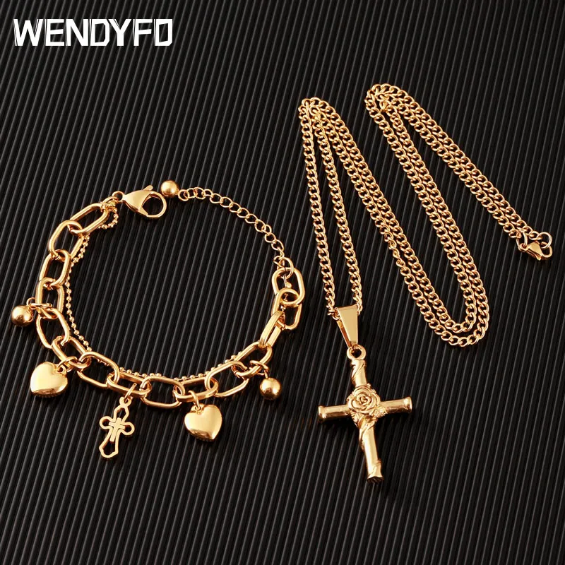 

New Classic Rose Gold Color Cross Necklaces Pendant For Women Girls Stainless Steel Crucifix Christian Necklace Hip hop Jewelry