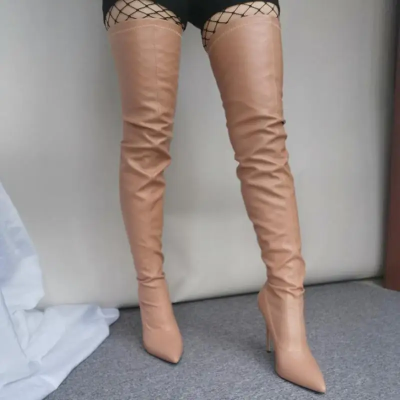 

Over The Knee Boots Women's Shoes Thin Heel Pointed Toe Thigh Boots 12cm Sexy High Heels Elastic Boots Leather Botas Feminina