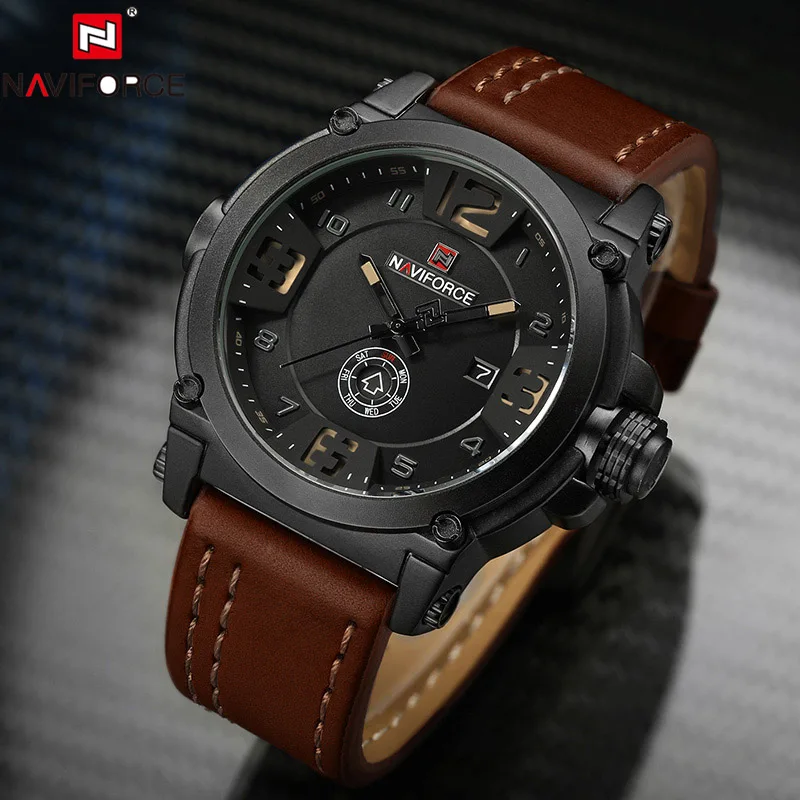 brown yellow NAVIFORCE спортивные мужские часы с кожаным ремешком водонепроницаемые противоударные лучшие мужские часы брендов с датами мужские часы бренд класса люкс - Цвет: brown yellow