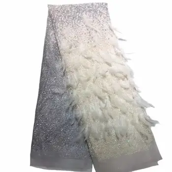

Luxurious high-end noble WHITE beaded embroidery flower trim with wavy feather lace fabric, handmade lace DIY decoration