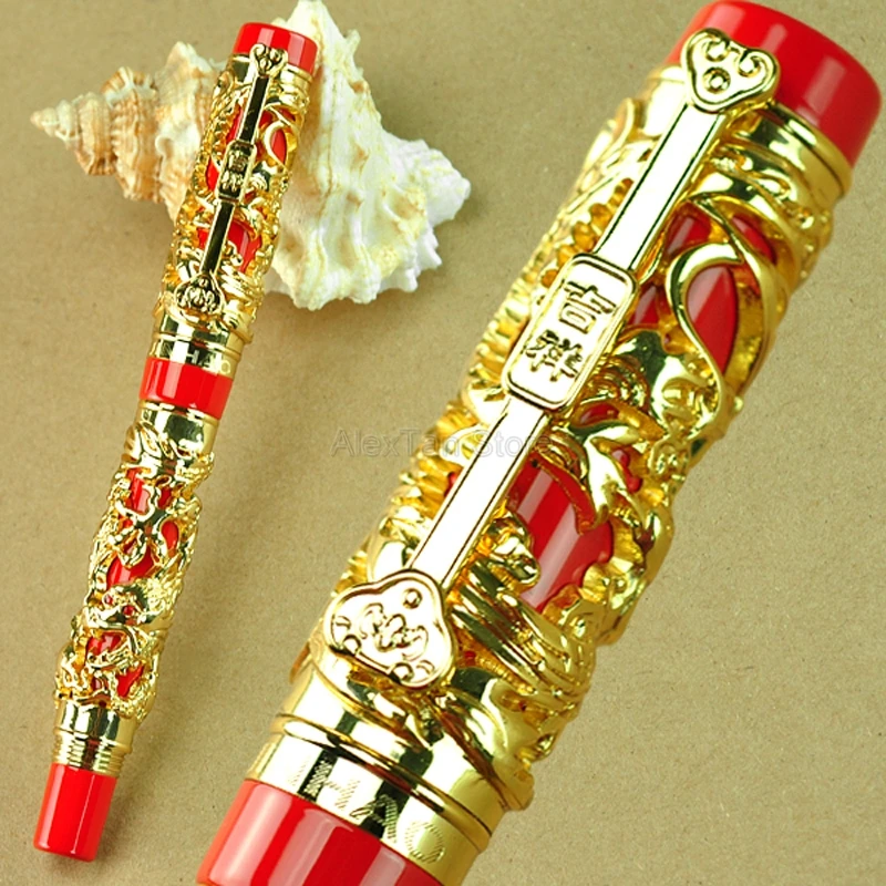 Jinhao Creative Dragon Phoenix Vintage Fountain Pen, Metal Carving Embossing Heavy Pen, Golden & Red for Office School Usage