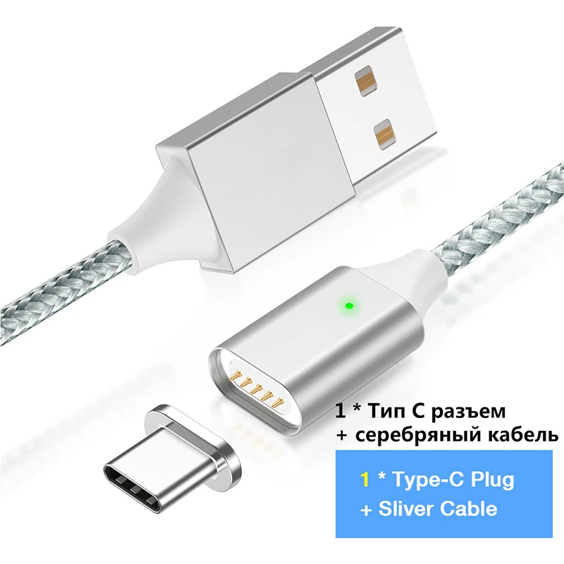 LOERSS 1 м светодиодный магнитный кабель нейлоновый Кабель Micro-USB в оплетке USB C type C кабель type-C Магнитный зарядный кабель для IPhone 11 XS 8 7 6 - Цвет: Silver Type C Cable