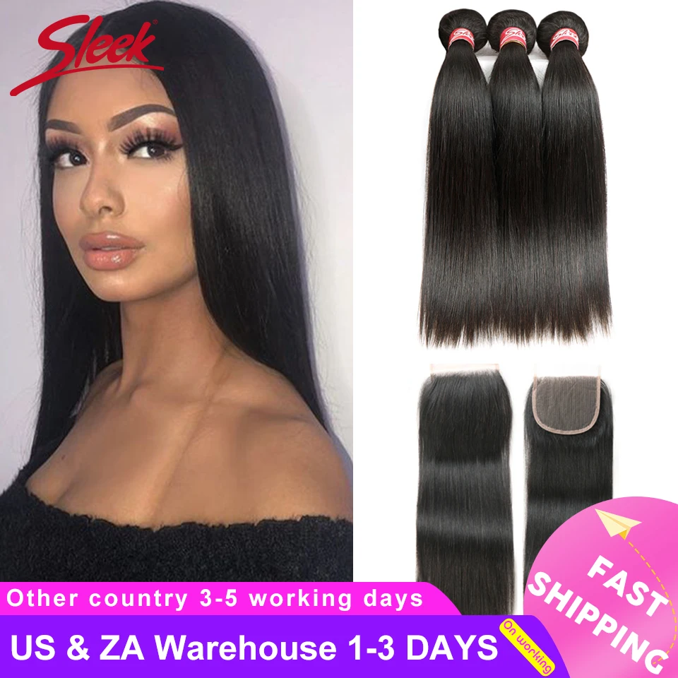 

Sleek Brazilian Straight Hair Bundles With Closure Natural Color Hair Weave 30 Inches Non-Remy Human Hair 3 Bundles With Closure