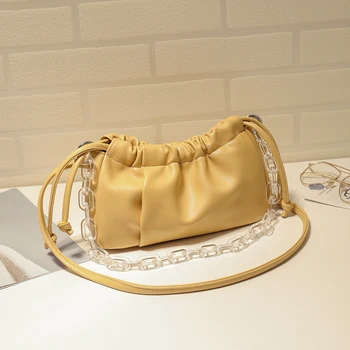 

Drawstring Women Shoulder Bags Soft PU Acrylic Chain Crossbody Tote Handbags Chain Elegant Crossbody Shoulder Bag