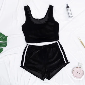 

Black Casual Tank Top Women's Pajama Sleeveless Crop Top Female Velvet Vest PJ Set 2020 Sleepwear Spaghetti Strap White Shorts