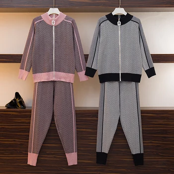 

Autumn Winter Knitted Tracksuit Turtlneck Zip Up Jacket Sweater Coat+Pencil Pant Set Female Clothing 2 Piece Set Knit Pant Suit