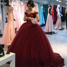 Тюль Кружева вина красное платье Quinceanera с блестками с открытым плечом; милое детское платье; 16 лет и фуршетов великолепные Vestidos De 15 Anos