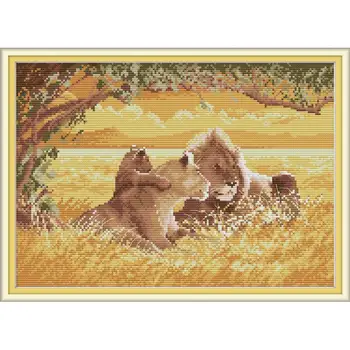 

Joy Sunday Cross Stitch A Lion Family Kits for Embroidery Cross Stitch Printed On Canva Pattern11&14CTCloth Handmade Needlework