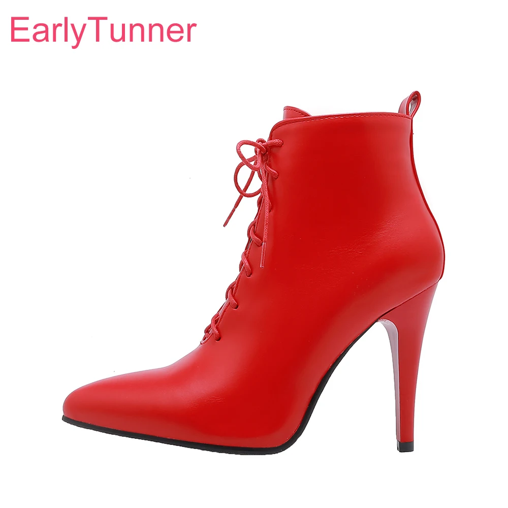 Женские ботильоны на тонком высоком каблуке красные белые ботинки без застежки