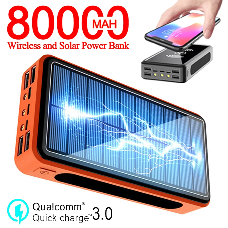 80000mAh batterie Portable solaire Qi sans fil Portable téléphone chargeur rapide charge externe 4 USB Camping extérieur lumières Powerbank
