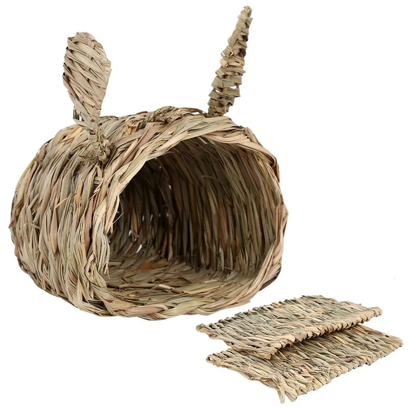 Rabbits House with 2pcs Bedding Mat Bunny Hideaway Hand Woven Grass Hideout Comfortable Chew Toys Playhouse for Small Animals | Дом и сад