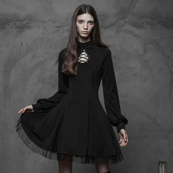 

PUNK RAVE Women Gothic Style Hollow-out Strap Dress Casual Knit Double Layer Mesh Puff Sleeve Punk Streetwear Dress