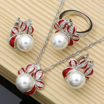 

Freshwater Pearls Red Enamel Charm Silver 925 Jewelry Sets Hoop Earrings for Women Necklace Set Luxury Jewellry Dropshipping