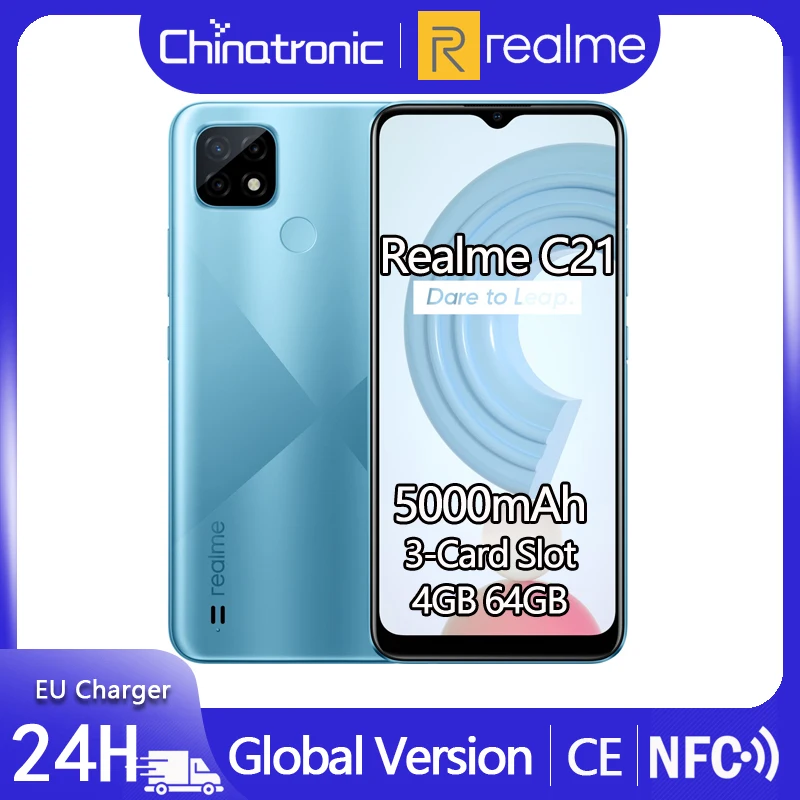 Realme-teléfono inteligente C21, versión Global, Android 10, 4GB, 64GB, 6,5 pulgadas, HD, Helio G35, 5000mAh, cámara Triple ia de 13MP, 10W, cargador de la UE, 3 tarjetas