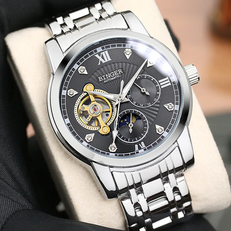 Binger automatic watch for men skeleton moonphase luxury mechanical ...